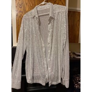 Sparkly Sequin Button Down‎ Shirt Long Sleeve Glam Night Out Top Women